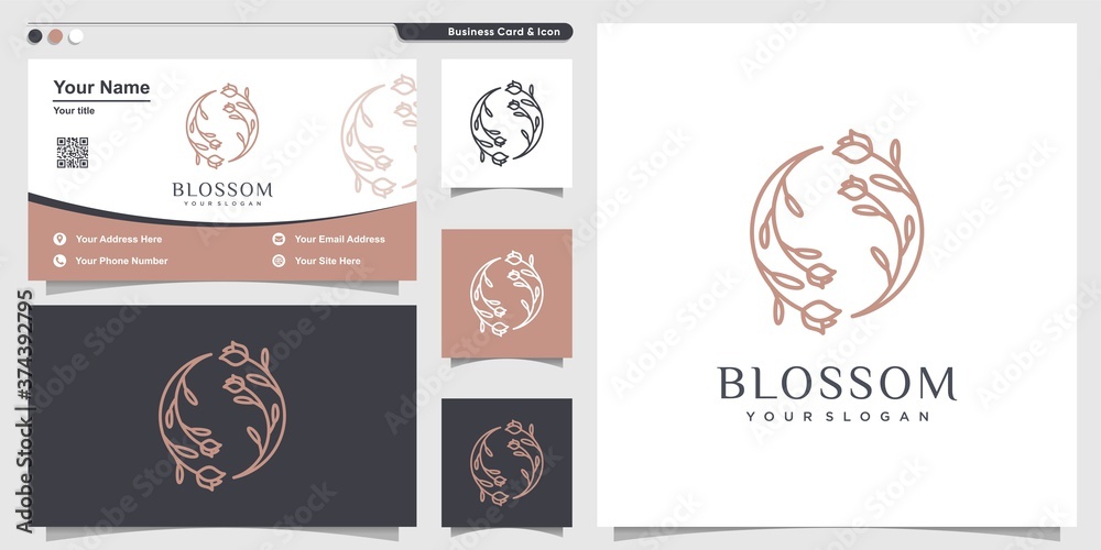 Blossom logo with flower line art style and business card design template Premium Vector Blossom logo with flower line art style and business card design template Premium Vector