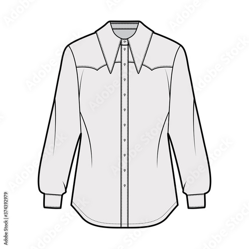 Western-inspired shirt technical fashion illustration with long sleeves with cuff, front button-fastening, exaggerated point collar. Flat template front, grey color. Women men unisex top CAD mockup