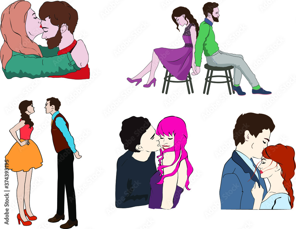 Hand drawn doodle couples in different situations