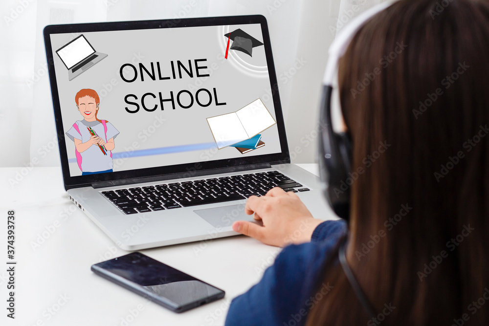 Teenage girl elearning online using computer app. Teen school student wearing headphones conferencing on laptop with remote teacher, tutor. Adolescent pupil watching web lesson learning from home.