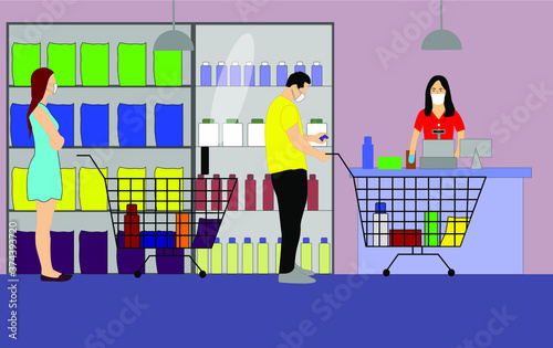 Ilustración vectorial, haciendo compras en el supermercado, un hombre y una mujer haciendo compras, siendo atendido por el cajero, respetando el límite del distanciamiento social, con todas las medida