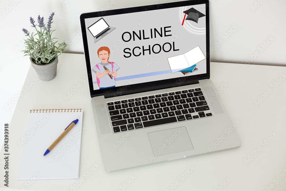 Fototapeta premium e-learning concept: online school on a laptop screen. Screen graphics are made up.
