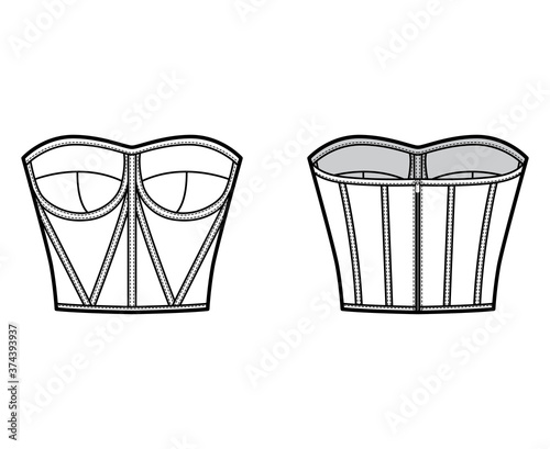 Corset-style bustier top technical fashion illustration with molded cups, close fit, back zip fastening, cropped length. Flat apparel template front back white color. Women men unisex shirt CAD mockup