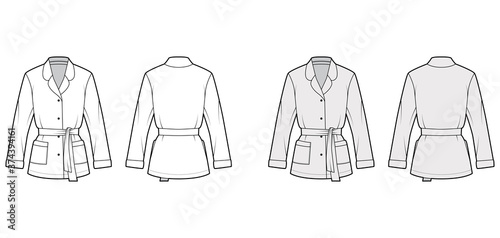 Belted pajama-style wrap shirt technical fashion illustration with relaxed fit, rounded notch collar, long sleeves, square pockets. Flat template front back white grey color. Women blazer CAD mockup