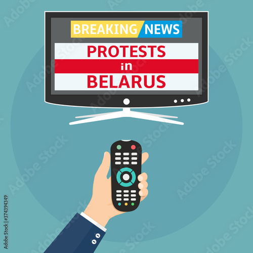 Protests in Belarus breaking news flat design concept. Human holding remote control and watch smart tv with protests in Belarus breaking news.