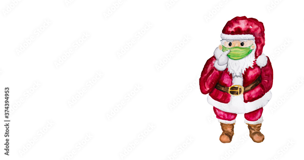 Fototapeta premium Weihnachtsmann mit Maske bzw. Mund-Nasen-Bedeckung in der Covid-19 Pandemie bittet um Masken tragen