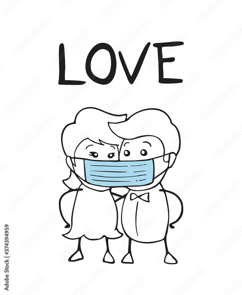 Funny illustration of couple sharing proteciton mask Funny illustration of couple sharing proteciton mask