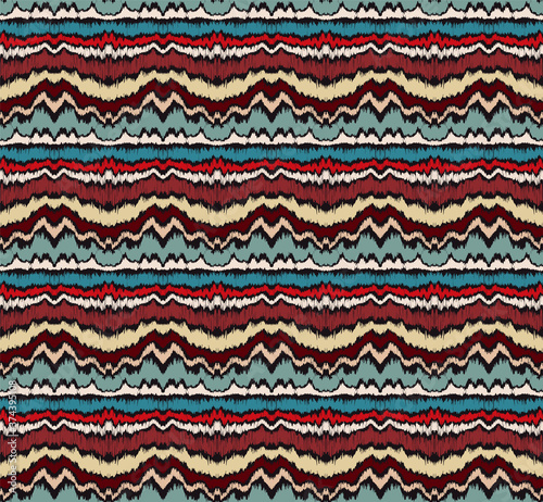 Ikat border. Geometric folk ornament. Ink on clothes. Tribal vector texture. Seamless striped pattern in Aztec style. Ethnic embroidery. Indian, Scandinavian, Gypsy, Mexican, African rug.