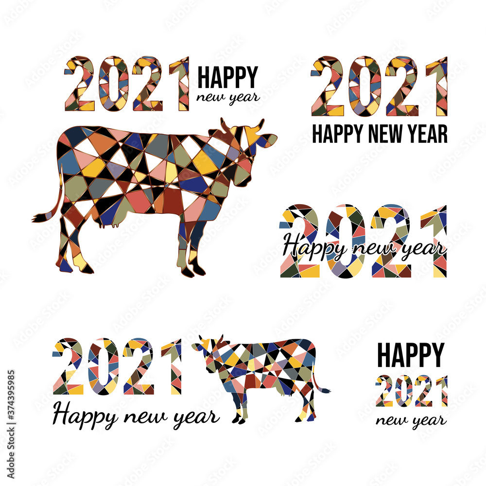 Happy new year 2021 with mosaic cow and numerals. Chinese horoscope sign bull. Mosaic style cow made of black and colored pieces.