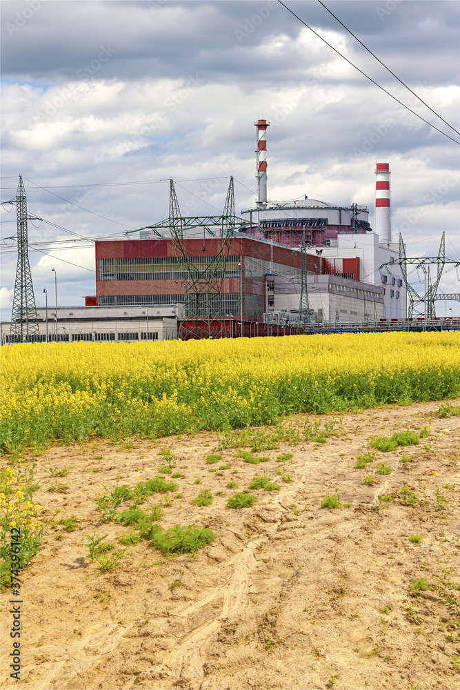 Reactor of nuclear power plant Temelin with field of rape in Czech Republic. Cloudy sky.