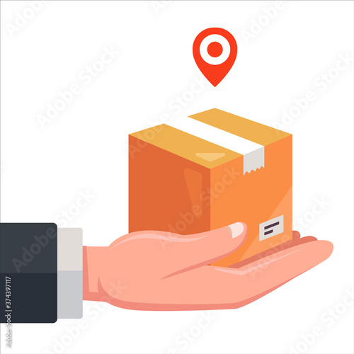 delivery of parcels by courier. hold a cardboard box in your hand. flat vector illustration isolated on white background.