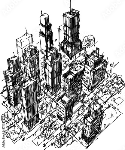 
hand drawn architectural sketch of a modern city with high buildings and people in the streets
