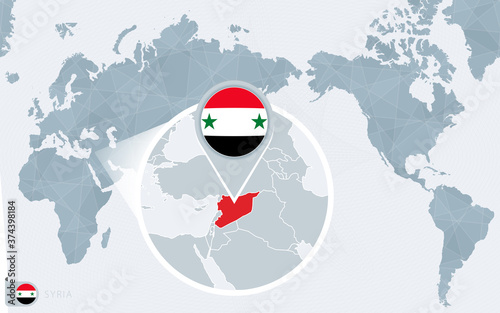 Pacific Centered World map with magnified Syria. Flag and map of Syria.