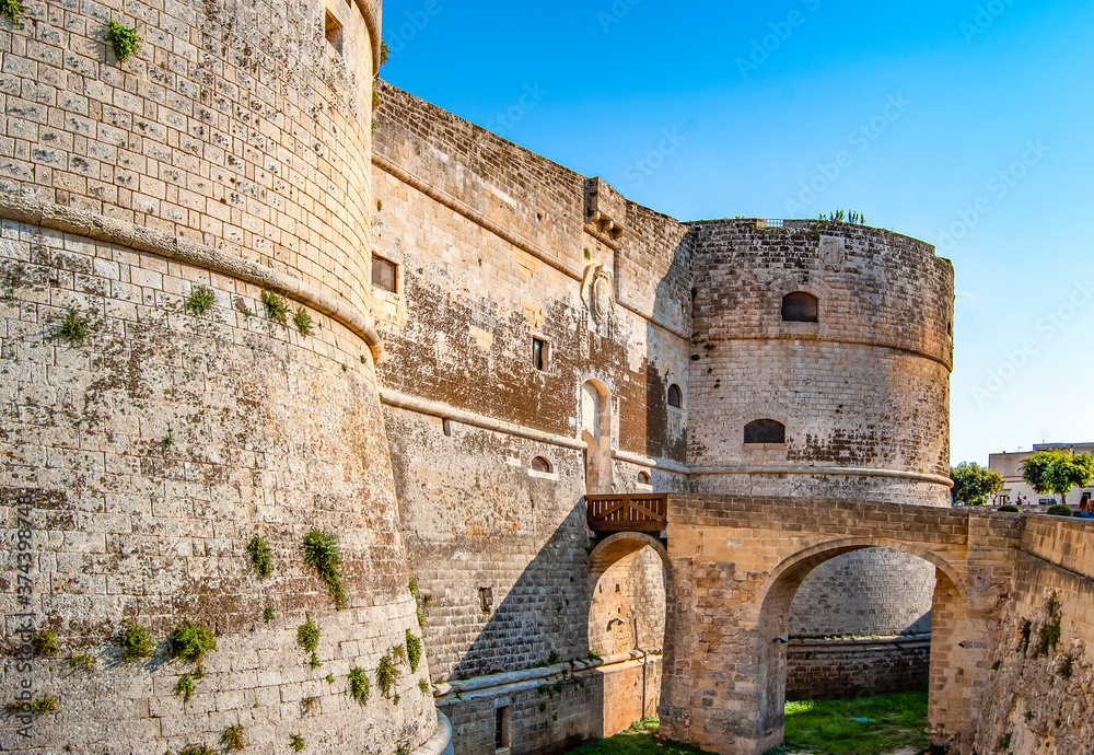 Exterior view of the Aragonese Castle of Otranto, Salento, Puglia, Italy. It was originally built in the 11th century and then reinforced in the 13th and 15th century.