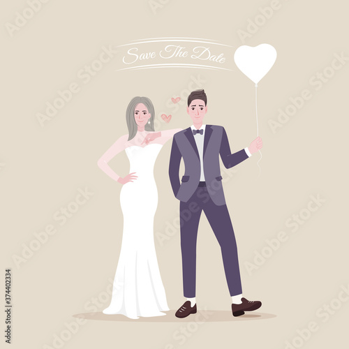 Save the date of young happy newlyweds bride and groom. Just married couple cartoon character. 