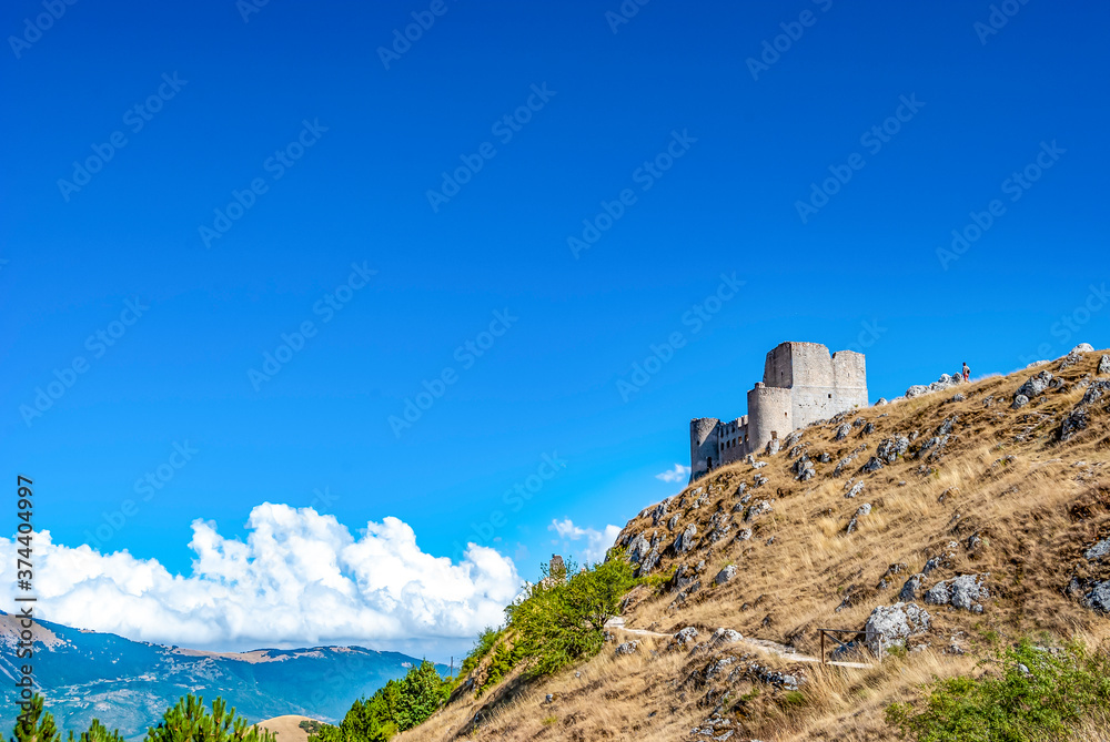 Panoramic view of the medieval mountaintop castle of Rocca Calascio, in the Apennines, in the province of L'Aquila, Abruzzo region, Italy, location for several movies. 