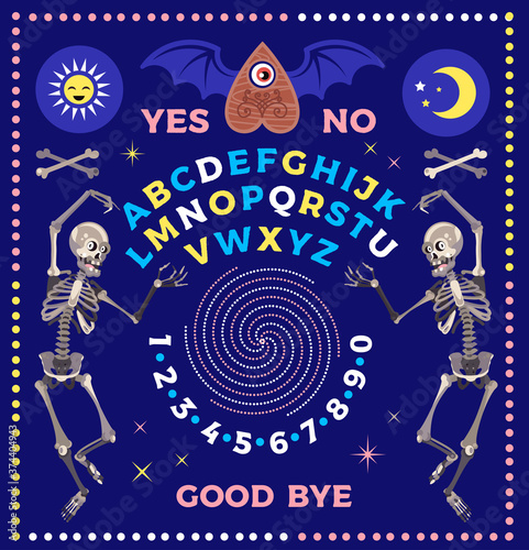 Ouija Board With Skeletons. Occultism Set. Vector Illustration.