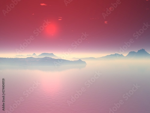 3D illustration of a red sunset