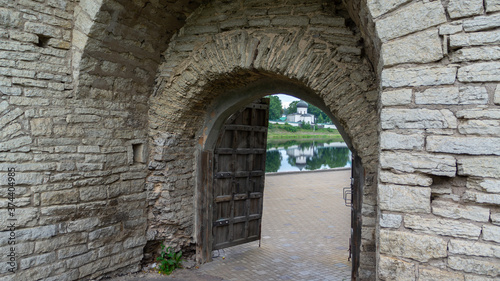 Pskov  Russia.  Gate to the complex of fortifications on the banks of the Velikaya River