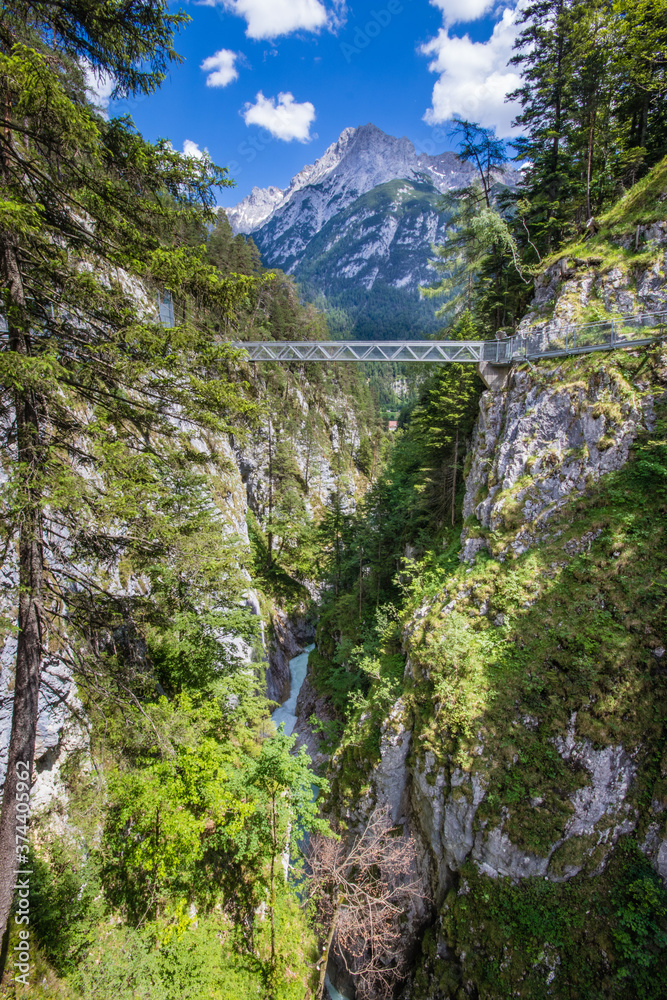 Impressive Leutasch gorge, sky walk suspended bridge river and waterfalls