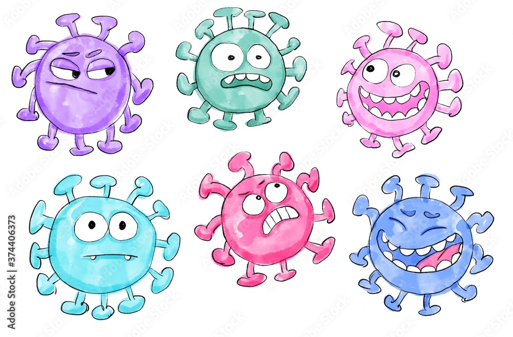 Hand drawn funny cartoon illustration of a molecules of coronavirus