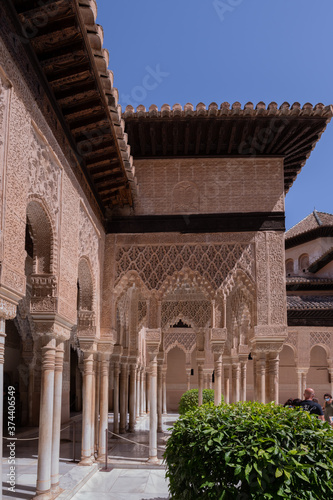 Interior and exterior of the historical building Alhambra, in Granada, Spain in a sunny day in 2020.