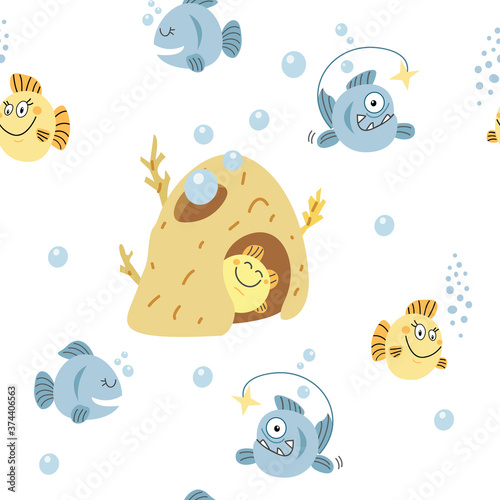 pattern cartoon fish and fish house with elements on white background