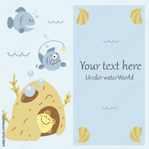 different cartoon fish and a fish house with elements for your creativity, possibly in the form of a postcard