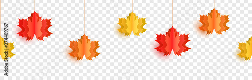 Autumn leaves paper hanging decoration on transparent background
