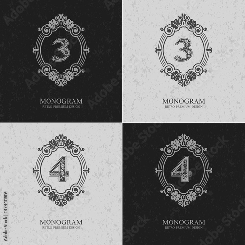 Number three and four calligraphic graceful template, Vector illustration