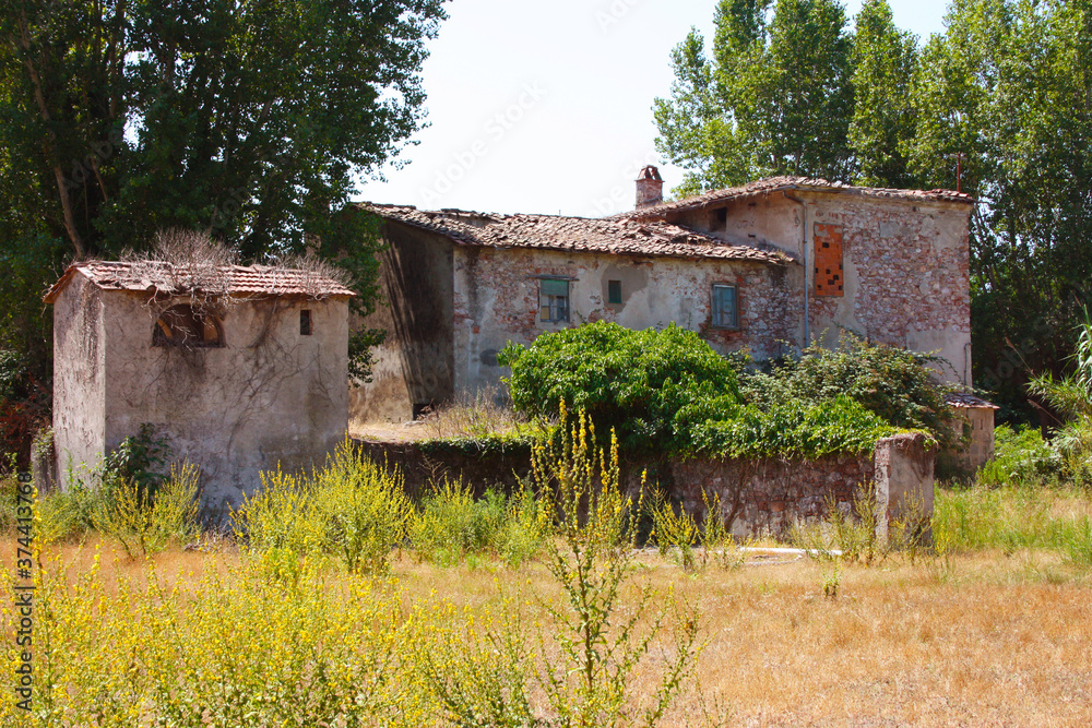 rustic residential ruin abandoned in a green landscape in a Tuscan field rustic residential ruin abandoned in a green landscape in a Tuscan field