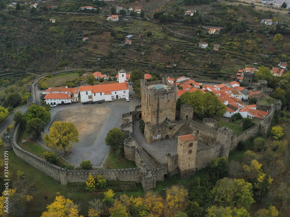 Obraz premium Bragança, historical city with castle in Portugal. Aerial Drone Photo