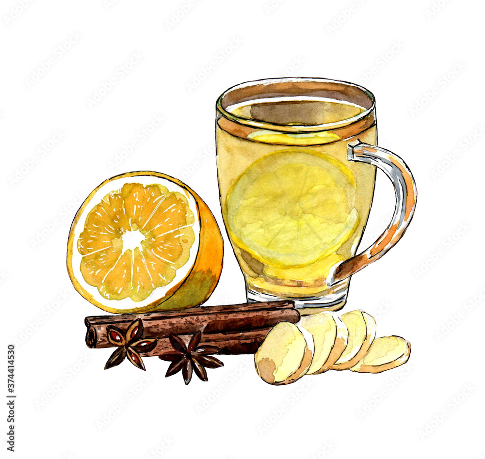 A Cup of hot tea with ginger, lemon, cinnamon and cloves, isolated on a white background. Watercolor illustration of a healthy drink. A Cup of hot tea with ginger, lemon, cinnamon and cloves, isolated on a white background. Watercolor illustration of a healthy drink.