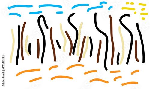 Paisaje abstracto de árboles, cielo y sol