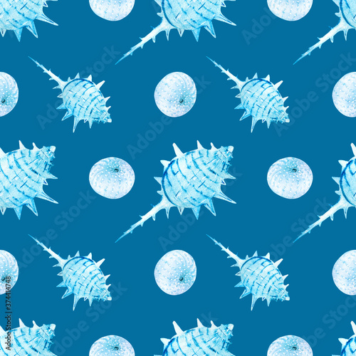 Watercolor seamless patterns with blue seashells on a blue background. Perfect for postcards, patterns, banners, posters, nautical wallpapers, gift wrapping or clothing prints