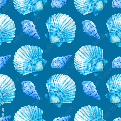Watercolor seamless patterns with blue seashells on a blue background. Perfect for postcards, patterns, banners, posters, nautical wallpapers, gift wrapping or clothing prints