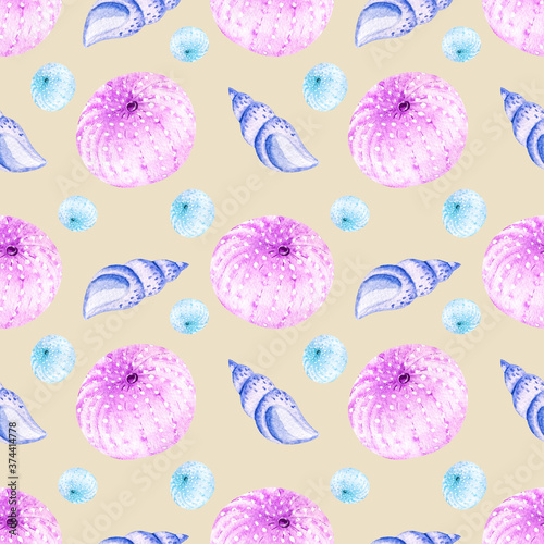 Hand-drawn watercolor seamless patterns with pink, blue and purple seashells on a beige background. Perfect for postcards, patterns, banners, posters, nautical wallpapers, gift wrapping 