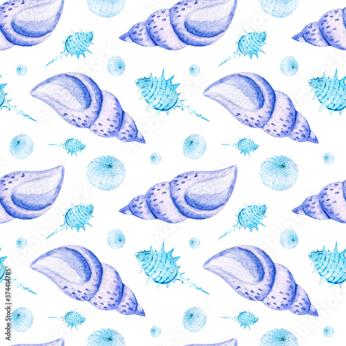Watercolor seamless patterns with blue seashells on a white background. Perfect for postcards, patterns, banners, posters, nautical wallpapers, gift wrapping or clothing prints