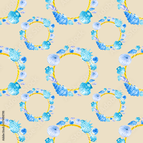 Watercolor seamless patterns hand-drawn with a wreath of blue seashells on a beige background. Perfect for postcards, patterns, banners, posters, nautical wallpapers, gift wrapping or clothing prints