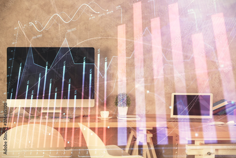 Multi exposure of financial graph drawing and office interior background. Concept of market analysis. Multi exposure of financial graph drawing and office interior background. Concept of market analysis.