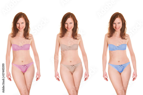 Portraits of an attractive woman wearing bra and panties in three different colors, isolated in front of white studio background