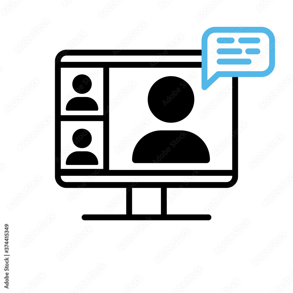 Video conference icon. Person on computer screen. Home office. Digital communication. Internet teaching media. Video conference icon. Person on computer screen. Home office. Digital communication. Internet teaching media.
