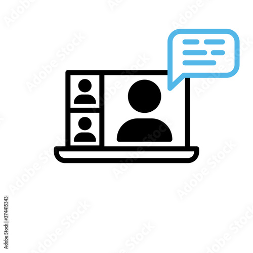 Video conference icon. Person on computer screen. Home office. Digital communication. Internet teaching media.