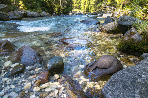 View of the river or torrent in the Natural Park of Paneveggio Pale di San Martino in Tonadico, Trentino, Italy photo