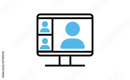 Video conference icon. People on computer screen. Home office in quarantine times. Internet virtual teaching media. Digital communication