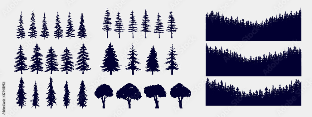Tree and forest silhouettes - Vector illustration collection of trees and wilderness objects to create your own nature scene.