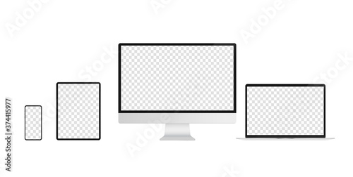 Modern devices with transparent empty screen -  Present your own design with unbranded computers, tablet and phone. All with slim borders. Mockup and template concept in vector format.