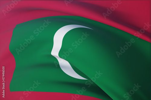 Waving flags of the world - flag of Maldives. Closeup view, 3D illustration.
