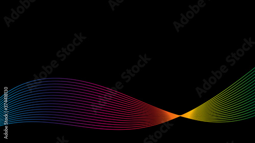 Abstract black background with smooth rainbow lines. Geometric minimalism with place for your design