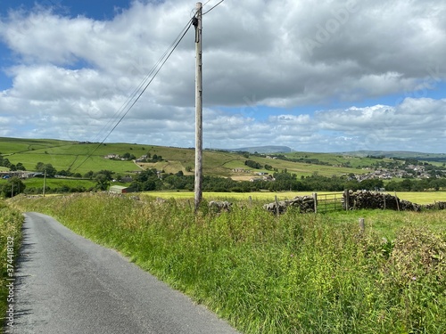 Roadside view, with long grasses, fields, hills and farms near, Trawden, Colne, UK photo